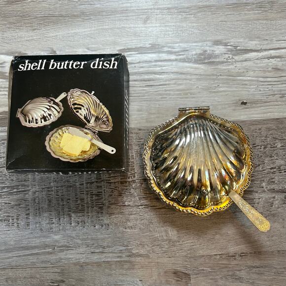 Vintage Shell Butter Dish with Knife & Glass Insert | Gold-Tone Clam Shell - Picture 1 of 6